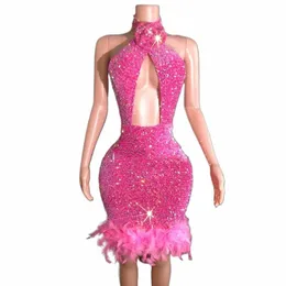 błyszczące różowe cekiny Dr Sexy Calter Feather Evening Dres Dres Kostium Tancerza Urodziny Urodziny Celebrate Strój Etfit Wear XS6535 A4DU#