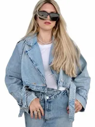 xnwmnz Mulheres Fi Outono inverno Denim Trench Coat Simples Casual Cinto Curto Double Breasted High Street Feminino Jaqueta Top A7TC #