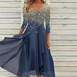 Casual Dresses Elegantes Partykleid Frauen V-Ausschnitt Langarm Prom Damen Boho A-Linie Chiffon Flowy Swing Sommerkleid Vestidos Robe