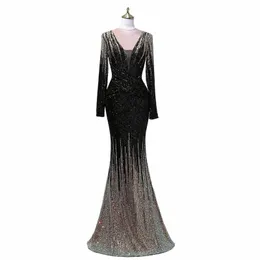 Seksi Derin V Sequin LG Kollu Stil Denizkızı Akşam Dresleri Formaller Vestidos Fiesta Robe Soiree de Mariage Party Banquet 6581#