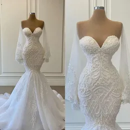 Elegant White Mermaid Wedding Dresses Bridal Gowns Beads Lace Applique Nigerian Arabic Marriage Dress Robe De Marie BC C G