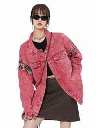 Siri Pink Stitching Plus Size Denim Jacket Female Spring and Autumn American High Street Sweet Cool Retro Tooling Jacket Hipster I4WH#