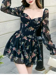 Casual Dresses 2024 Square-Neck High-Waist Slim-Fit Floral Print Chiffon Mini Dress Vestidos De Cerimonia Para Casamentos Prom