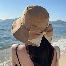 Summer Bow Womens Bucket Hat Sweet Cotton Flat Top Big Brim Fisherman Hat Girl Outdoor Beach Travel Ford Tail Sun Hat 240329