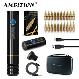 Ambition Ninja RS Tattoo Machine Kit Komplett trådlös Permanent Makeup Pen Coreless Motor med 2 Battery 20pC Needles 240322