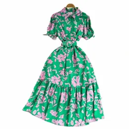 Summer Vintage Kobiety wydrukowane LG Dr elegancki kołnierz z pojedynczym piersi z krótkim rękawem A-line-line maxi vestido Nowe v2ds#