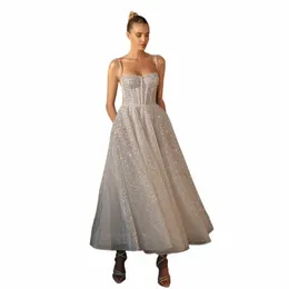 Lorie glänsande älskling Princial Wedding Dres glitter tyll sexig spaghettirem ankel längd boho brud dres q9d4#