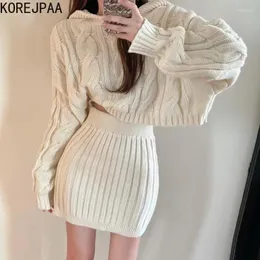 İş Elbiseleri Korejpaa Örgü İki Parça Setleri 2024 Sonbahar Moda Kapşonlu Kısa Kazak Çekme Femme Yüksek Bel Bodycon Mini Etek giysileri