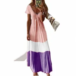fi Summer Dres 2024 Short Sleeve V Neck A-Line Colorblock Loose Boho Dres For Female Vacati Sundres For Girls 52a5#