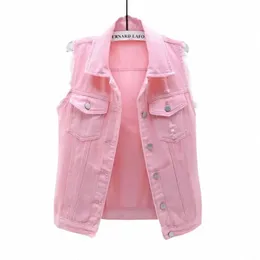 Coreano fi rosa denim coletes feminino casual cowboy sleevl jaquetas 2023 verão jean chalecos mujer oversize curto colete w794 #