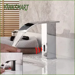 Смесители для раковины в ванной комнате YANKSMART, хромированный черный сенсорный смеситель с сенсорным экраном, настенный смеситель для раковины, водопада, автоматический инфракрасный смеситель