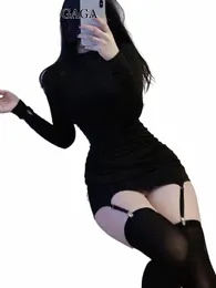 womengaga sexig LG Sleeve Mini Dr Socks Ny hög midja tunn o nacke eleganta älvkvinnor koreanska heta sexiga dres hösten 763g k0yk#