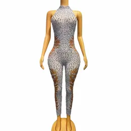 sexy Stage Sleevel Sier Rhinestes Mesh Transparent Jumpsuit Birthday Celebrate Evening Club Party Photo Shoot Costume D7Yb#