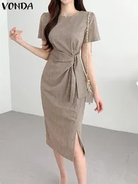 Vonda 2024 Elegant Party Dress Fashion Women Casual Loose Short Sleeve Midi Sundress Bandage Solid Color Vintage Long Shirt Robe 240311