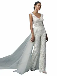 Macacão de casamento dres com trem destacável calças de noiva terno rendas appliqued sleevel mulheres noivas outfits backl 2023 n4ln #