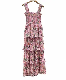 restido de verano plisado c estampado rosa para mujer, ran la paracies en la playa, volantes, pastel, midi, floral, de un n9gb#