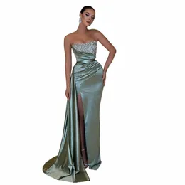 Jeheth Mermaid Prom Dres avtagbar tåg strapl ärmfest Dr Sexig satin sida delad pärlor vestidos de gala z9wj#