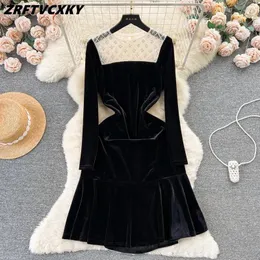 Vestidos casuais francês vintage veludo plissado vestido para mulheres primavera outono moda frisada em torno do pescoço meados de comprimento sereia vestidos