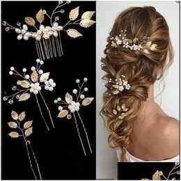 Hårklämmor Barrettes Pearl Flower Hairpin Side Comb Golden Leaf Formed Alloy Tiaras Bride Insert smycken Huvudbonader Drop Delivery Hairje Otino