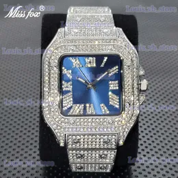 Andere Uhren Hot Luxury Square Männer Mode Blaues Zifferblatt Volldiamantgehäuse Quarz es Hip Hop Iced Out Cuban Steel Armband Uhr Geschenk T240329