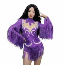 9 Colors Fringed Sleeves Rhinestes Bodysuit Women Party Stretch Clothing Drag Queen Costume Stage Dj Ds Festival Outfit XS6947 V04F#