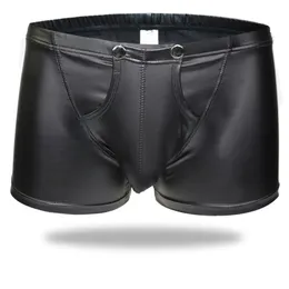 Plus Size Boxer da uomo sexy con apertura sul cavallo Lingerie finta Stage U Custodia convessa Boxer in pelle verniciata nera Pantaloncini intimo XXL 240328