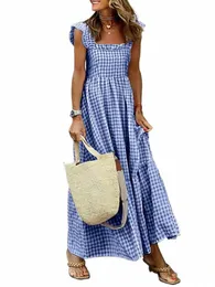 2023 Summer Mleevel Maxi Dr Zanzea Holiday Plaid Women Eleganckie marszczone paski Dr Square Neck Vestido Fi lg szat q9bk#