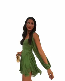 Fi Green Chiff Mini Dr Kadınlar için Seksi Katı V Boyun İçi Dışarı Kısa Kısa Vestidos Bahar Lady Tatil Plajı DRES Q28D#