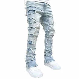 Jeans da uomo impilati Jeans strappati aderenti Pantaloni denim dritti distrutti Pantaloni hip-hop vintage Streetwear S1ht #