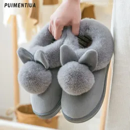 Slippers Cute Women Slippers Autumn Winter Cotton Flat Fluffy Slippers Cartoon Rabbit Ear Home Indoor Fur Slippers Warm Soft Plush Shoes