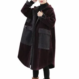 2023 Vintage Corduroy Jackets vinter Löst kvinnorkläder retro stora fickor Veet Tjock Cott Coats Female Overcoats D550 R0ia#
