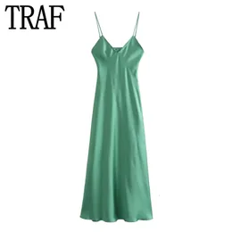 TRAF Green Satin Dress Woman Backless Slip Long Dres Sleeveless Sexy Gala Evening Dresses Summer Elegant Party 240326