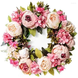 Decorative Flowers AT14 Artificial Peony Flower Wreath - 18 Inch Pink Door Spring Summer Fall Winter With Green Leaves