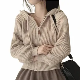 Maglione da donna con maniche Lg stile coreano Capispalla casual Donna Fi Chic Cardigan con zip Top in maglia con cappuccio femminile W2iM #