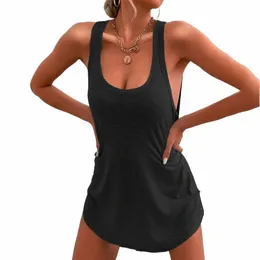 Womens Summer Cott Dres Vestidos Casual Sleevel Cor Sólida T Shirt Dr Loose O Neck Tank Mini Dres Homewear Robe L18Z #