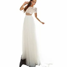 Lovers Zwei Stücke Hochzeit Dres Strand Chiff Spitze Top Kurze Ärmel Bodenlangen Brautkleider A-Linie Backl Sweep Zug E6sm #