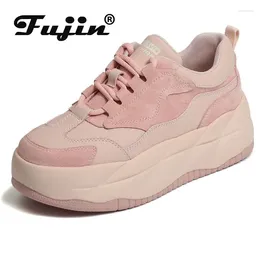 Sapatos casuais fujin 6cm plataforma de couro genuíno cunha sneaker chunky vulcanize confortável moda misturada cor feminina primavera outono