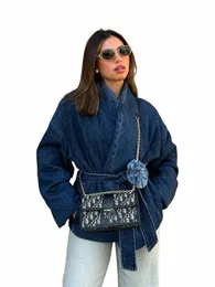 Trafza Женские весенние куртки Fi Джинсовые синие V-образным вырезом с поясом Lg с рукавами Украсить кардиган Женский шикарный уличный стиль Пальто i5nZ #