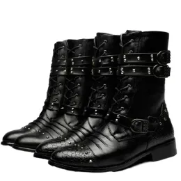 Boots Idopy New Autumn Gothic Men Pointed Toe Stage Performance Faux Leather Boots Male Punk Studs High Heels Shoes Rivet Booties