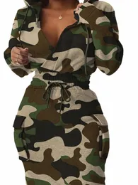 LW Plus Size Camo Print Side Pocket Cargo Dr V Neck Hooded Sweatshirt LG Sleeve Casual Dr Womens Lace-Up Pullover Dr C0BJ#