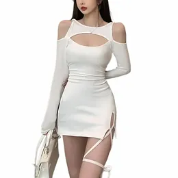 Mini Dr Lace Bandage feminino Primavera e Outono Slim LG-sleeved Curto Dr Sexy Oco Elegante Colete Dr Bottoming Dres 32ad #