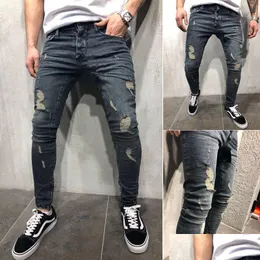 Men'S Jeans Mens Cool Skinny Hole Leg Opening Zipped Worn Out Slim Fit Plus Size All Season Urban Wind Drop Delivery Apparel Clothing Dhksw