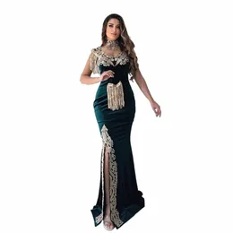 sodigne Moroccan Caftan Evening Dr Gold Appliques Lace Side Split High Neck Mermaid Veet Arabic Prom Gowns Party Dr b0pV#