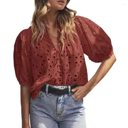 Blusas femininas Mulheres Casual Camisa com decote em V Elegante Lanterna Manga Oca Flor Padrão Tops Renda Bordada