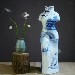 Vaser klassisk cheongsam kinesisk stil för Jingdezhen keramikblå hantverk vardagsrum skrivbordsstudie dekorationer