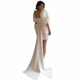 Traum elegante Satin kurze Mini-Meerjungfrau-Hochzeitskleider große Schleife halbe Puffärmel über dem Knie Länge Chic Backl Brautkleider o2nW #