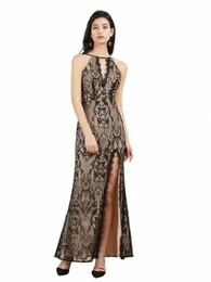 misshow Classic Eyel Lace Nero Estate Lg Dres per le donne Vintage High Side Slit Cinghie regolabili Partito femminile Dr 07TJ #