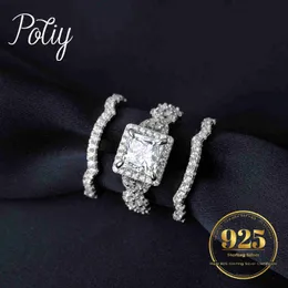 Eheringe Potiy 3-teiliges 925er-Sterlingsilber-Halo-Hochzeits-Verlobungsring-Set für Frauen 2,9 ct Princess Cut CZ Modeschmuck 24329