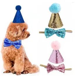 Hundkläder Pet Birthday Hat Elastic Tie Strap Sparkling Sequin Party med Plush Ball Decoration justerbar för cosplay