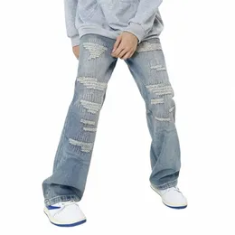 Рваные джинсы для женщин Fi Wed Винтажная уличная одежда Синие джинсы Женские прямые свободные джинсы Y2K Джинсы с широкими штанинами 5035 z956 #
